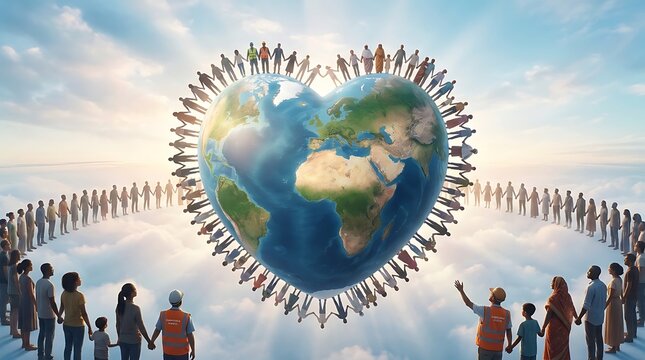 Diverse group of people holding hands around a glowing heart-shaped planet Earth concept of global unity, peace, and love