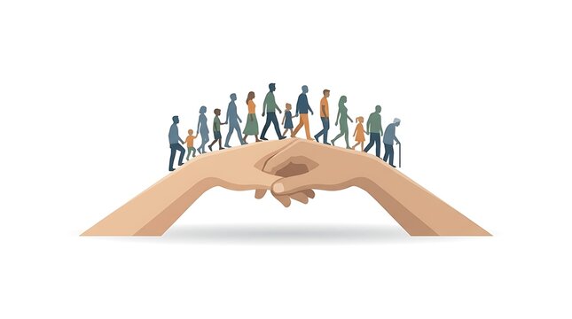 Generations walking across bridge formed by human hands symbolizing unity and support for people of all ages through time