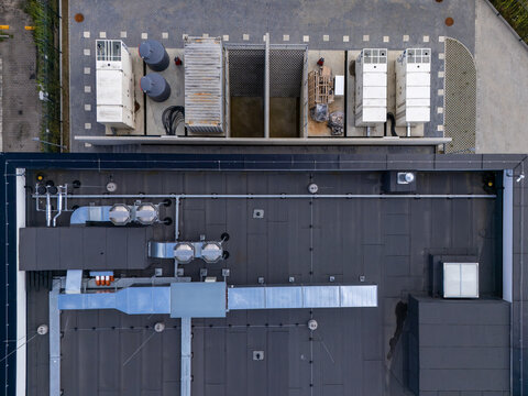 Aerial view of emergency power generators and HVAC systems for data center infrastructure and smart city technology