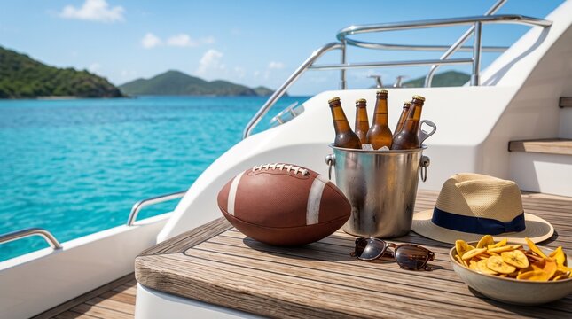 A bucket of cold beer bottles, a football, chips, and a sunhat arranged on a yacht deck with tropical ocean backdrop