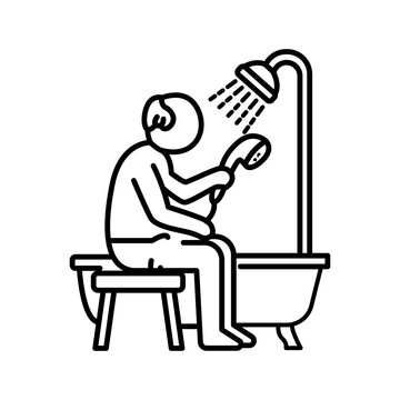 Minimalist line icon of an elderly person sitting on a shower bench while being assisted with washing by a caregiver, highlighting bathroom safety and personal hygiene.