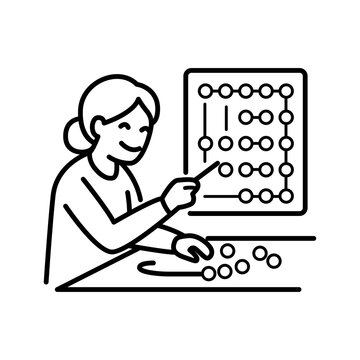Minimalist line icon showing a woman practicing motor skills on an activity board, illustrating occupational therapy, hand-eye coordination rehabilitation, and daily independence skills.