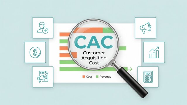 Customer Acquisition Cost CAC concept with magnifying glass over graph, business icons surrounding, digital marketing
