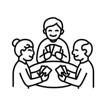 Minimalist line icon depicting a group of three elderly friends playing cards together around a table, symbolizing social connection, group interaction, mental engagement, and leisure.