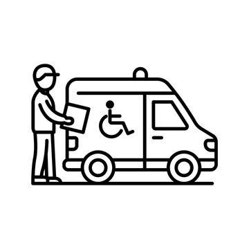 Minimalist line icon showing a medical escort helping a senior load a wheelchair into an ambulance, representing non-emergency medical transportation and patient escort services.