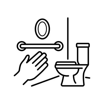 Minimalist line icon showing a hand reaching for a bathroom wall safety grab bar beside a toilet, illustrating fall prevention, home assessment modifications, and elderly stability.