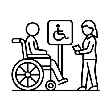 Minimalist line icon featuring a senior in a wheelchair accompanied by a medical escort assistant beside an accessible transport icon, representing handicap transportation services.