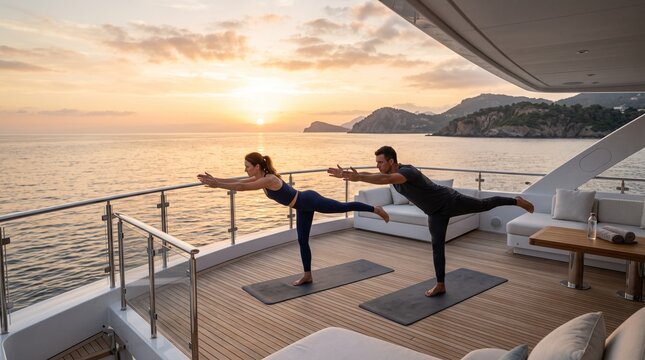 A couple practicing Warrior III yoga pose on the open deck of a luxury yacht during a golden sunset at sea