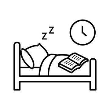 Minimalist line icon showing a bedridden patient resting comfortably with a book beside a clock, illustrating palliative care, pain relief, peaceful environment, and quality of life.
