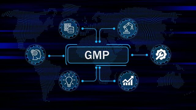GMP concept digital interface with business icons and global network and data flow futuristic technology world map background. 4k animation video 