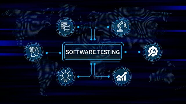 SOFTWARE TESTING concept digital interface with business icons and global network and data flow futuristic technology world map background. 4k animation video 