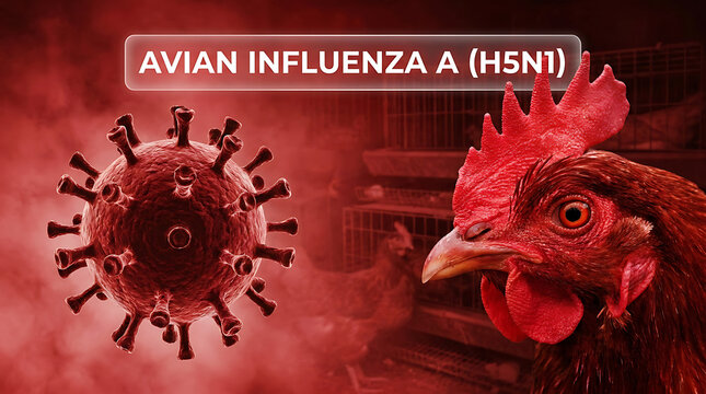 Avian Influenza A H5N1 Virus Concept with Chicken in Poultry Farm Background Red Tone