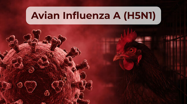 Avian Influenza A H5N1 Virus Concept with Chicken in Cage and Red Warning Background