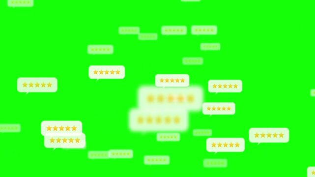 Five star rating speech bubbles floating on green screen background