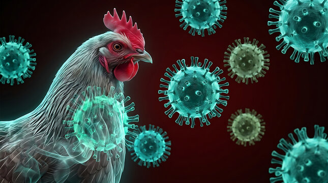 Avian influenza virus concept with chicken portrait and glowing microscopic pathogens