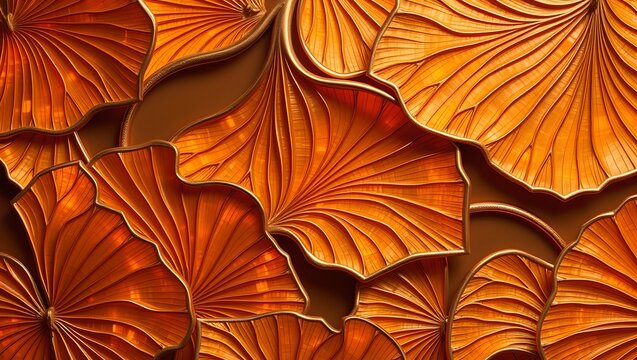 Surreal Ginkgo Leaf Pattern Texture with Honey Amber and Fire Opal Gemstones