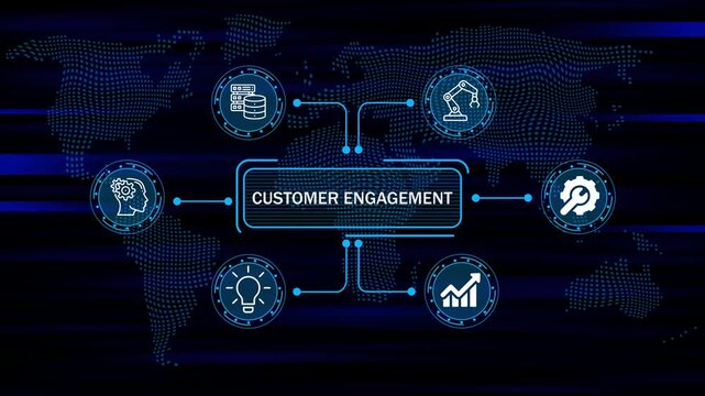 CUSTOMER ENGAGEMENT concept digital interface with business icons and global network and data flow futuristic technology world map background. 4k animation video 