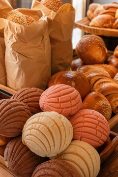 Assorted Mexican pan dulce conchas in a bakery. Traditional sweet bread with pink, white, and chocolate sugar toppings. Latin heritage pastry concept