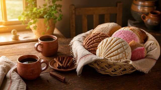 Mexican pan dulce sweet bread and black coffee for breakfast. Traditional conchas in a basket with clay mugs and cinnamon sticks on a rustic wooden table
