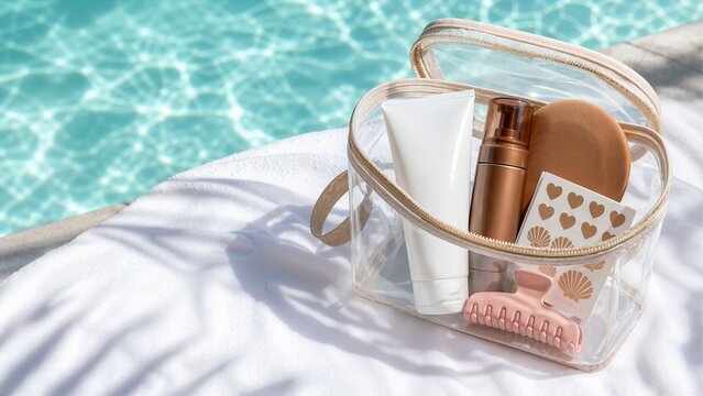 Self tanning kit in clear cosmetic bag by swimming pool. Sunless tanner mousse and mitt on towel. Summer beauty and sun tan tattoo concept