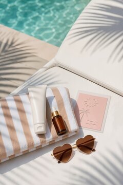 Sun tan tattoo stencil and skincare bottles on poolside lounge chair. Striped towel and heart sunglasses by swimming pool. Summer vacation beauty concept