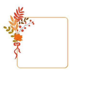 Elegant square frame with autumn leaves, berries and decorative ribbon. Transparent illustration. Wedding, celebration, event.