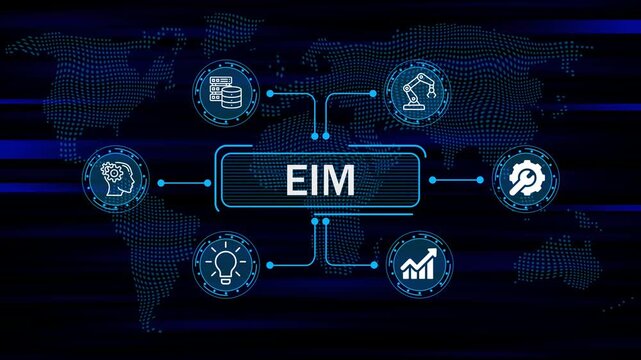 EIM concept digital interface with business icons and global network and data flow futuristic technology world map background. 4k animation video 