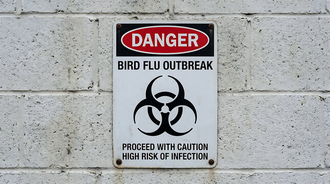 Danger Bird Flu Outbreak sign with biohazard symbol on white cinder block wall
