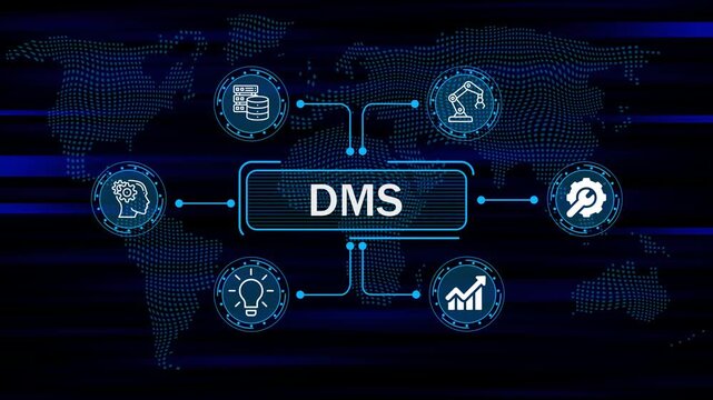 DMS concept digital interface with business icons and global network and data flow futuristic technology world map background. 4k animation video 