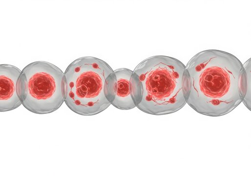 Microscopic view of developing cells with red nuclei