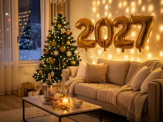 Wnętrze salonu z choinką i złotymi balonami tworzącym napis 2027. Salon przygotowany do imprezy sylwestrowej © Monika