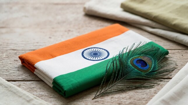 Folded Indian national flag and a peacock feather on a wooden surface. Tricolor fabric with the Ashoka Chakra. Indian Independence Day and patriotic symbol concept