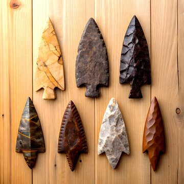 Primitive stone arrowheads collection, ancient flint spearheads on wood background, set of 7 tribal stone tools for history education