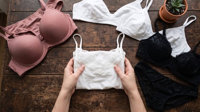 Woman holding white lace camisole surrounded by various sets of elegant female lingerie