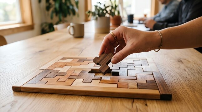 Hand placing a wooden puzzle piece to complete a board in a modern office