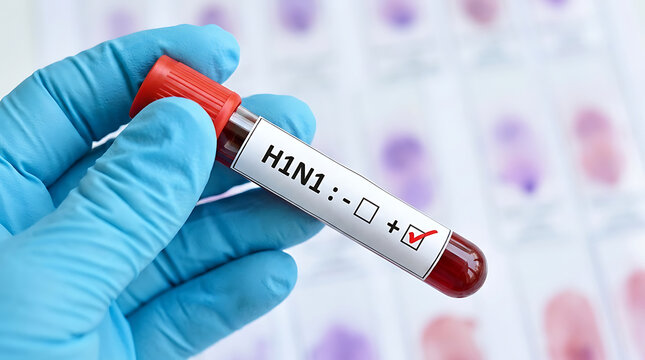 Scientist holding blood sample test tube with positive H1N1 influenza virus result in lab