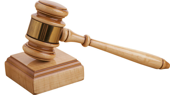 Wooden judge gavel with brass band on wooden block