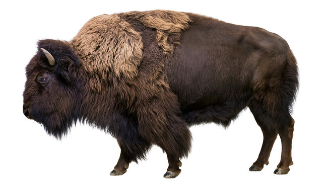 American Bison with thick brown fur and short horns