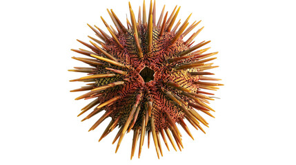 Fototapeta premium Spiky red and yellow sea urchin shell with sharp spines