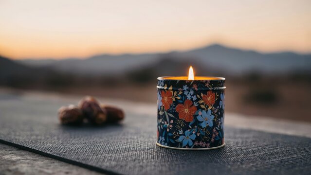A lit candle with a floral pattern next to dates on a yoga mat