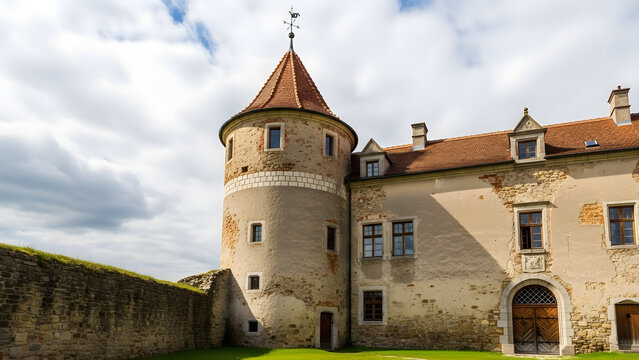 Historic Stone Medieval Castle Tower and Ancient Fortress Architecture Under a Cloudy Sky in the European Countryside