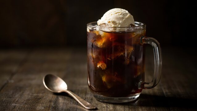 Root beer float with a scoop of vanilla ice cream in a glass mug on a dark wooden table.