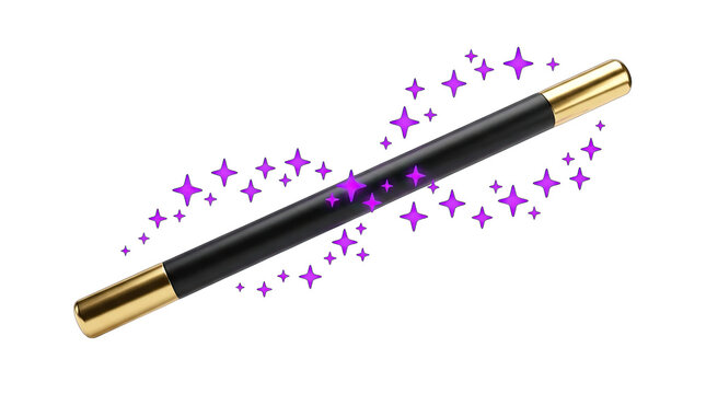 A magical black and gold wand with purple sparkling dust isolated on transparent background for halloween