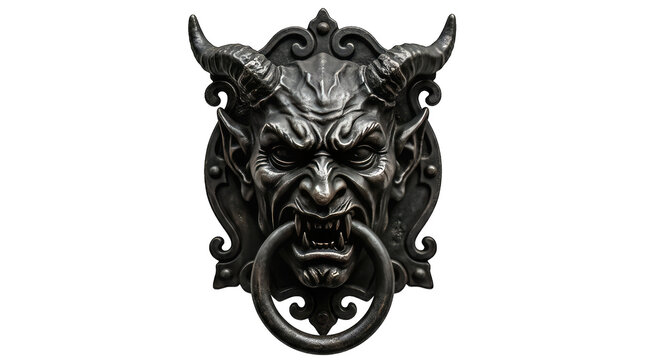 Spooky metal demon head door knocker for halloween decoration isolated on transparent background