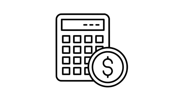 Simple line art icon of a calculator with a dollar coin representing financial accounting services