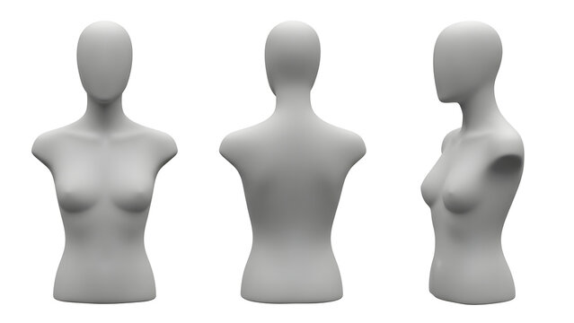 Three views of a female mannequin torso featuring front back and side profiles displayed as a neutral gray display model for retail clothing