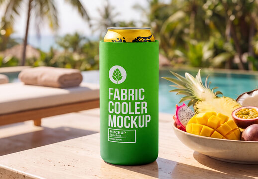 Blank Can Cooler Poolside Mockup
