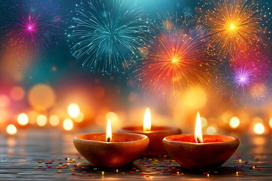 Burning Clay Diya Lamps with Fireworks for Diwali Celebration. Three traditional burning oil diya lamps in a row with vibrant blue and orange fireworks exploding in the background.