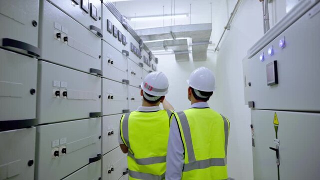 An electrician inspecting high-voltage transformers at a Building