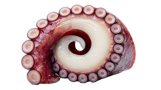 Raw octopus tentacle with suction cups curled inwards